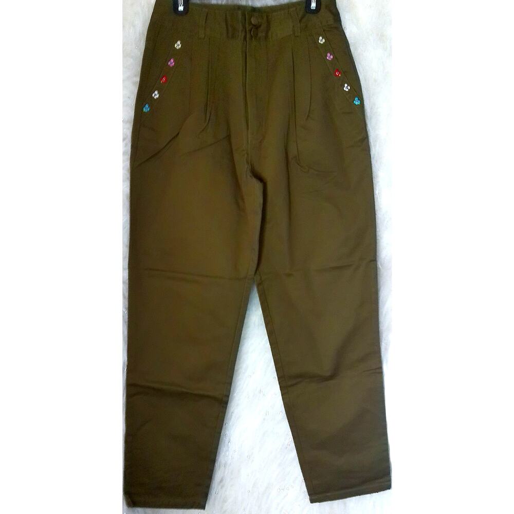 Rachel Antonoff Olive Embroidered Floral Double Pleated Utility Straight Pant 6